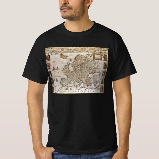 T-shirt Carte antique de l'Europe par Willem Jansz Blaeu,  (Devant)