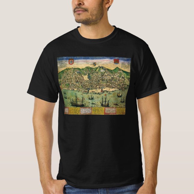 T-shirt Carte antique de Lisbonne, Portugal par Braun/Hoge (Devant)