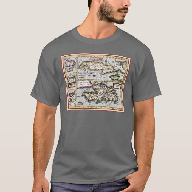 T-shirt Carte antique du Cuba, Haïti, République (Devant)