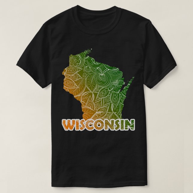 T-shirt Carte de l'art de mandala coloré du Wisconsin avec (Design devant)