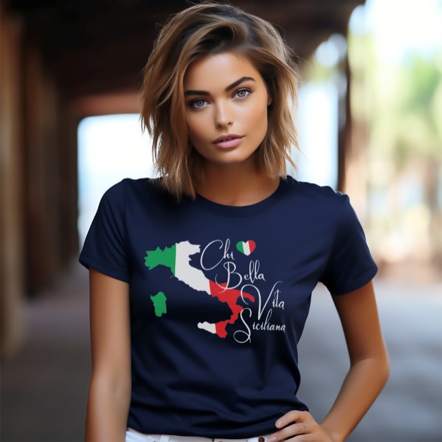 T-shirt Carte de l'Italie Sicilienne dire élégant script (Chi Bella Vita Siciliana (dialect for "What a Beautiful Sicilian Life") Navy Tee)