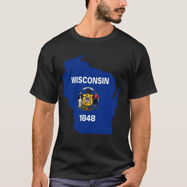 T-shirt Carte du drapeau du Wisconsin, symbole d'état WI H (Devant)