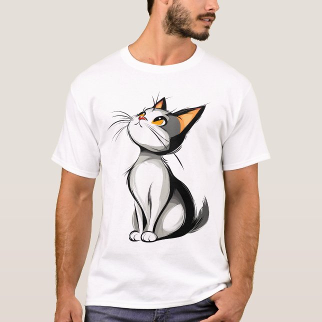 T-shirt Cartoon Black and White Cat Sitting Illustration (Devant)