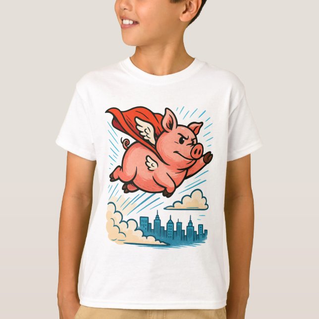 T-shirt Cartoon de cochon Superhero volant (Devant)