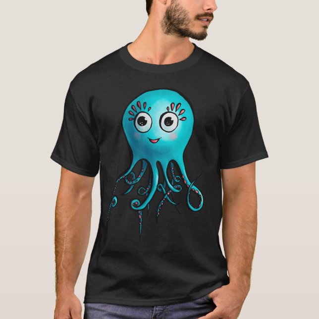 T-shirt Cartoon de pieuvre bleu - Créature Mer mignonne (Devant)