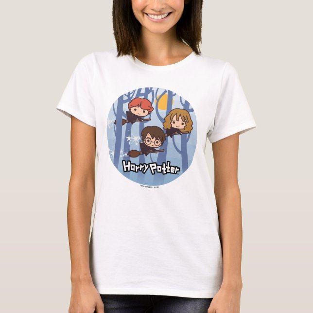 T-shirt Cartoon Harry, Ron, & Hermione Flying In Woods (Devant)