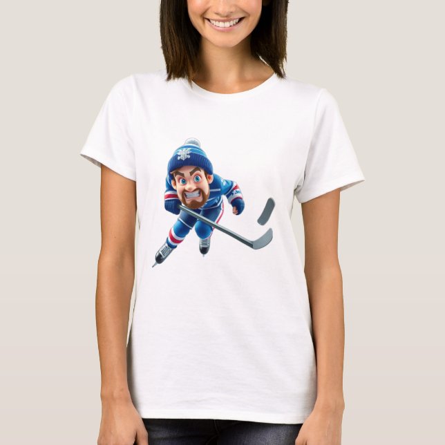 T-shirt Cartoon Hockey Player Skating with Intense Express (Devant)