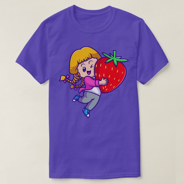 T-shirt Cartoon mignonne fille tenant fraise (Design devant)