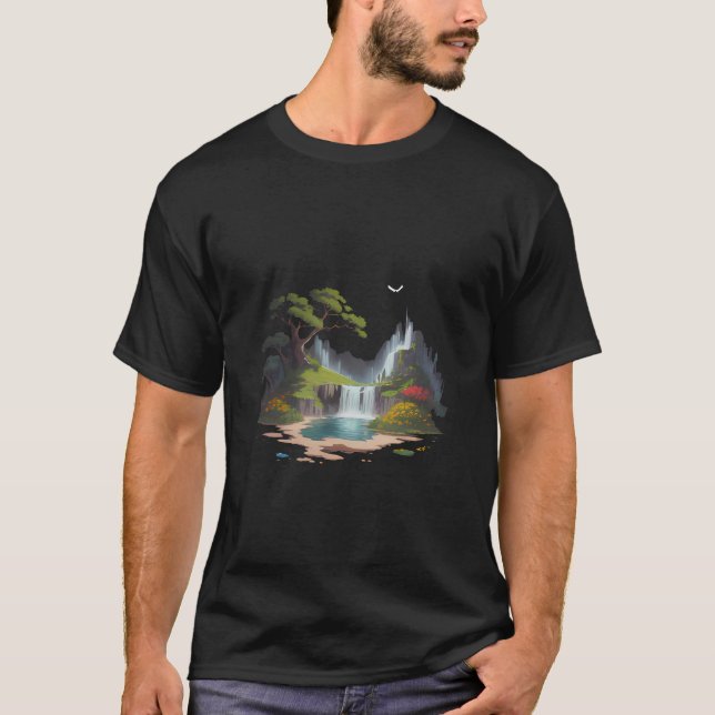 T-shirt Cascade et fleurs du paysage paisible (Devant)