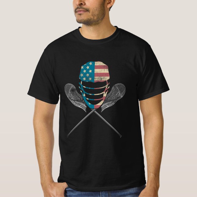 T-shirt Casque Et Bâton Lacrosse Drapeau Américain (Devant)