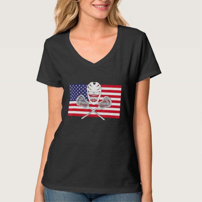 T-shirt Casque Lacrosse Drapeau Américain Lax Bâtons 4ème  (Devant)