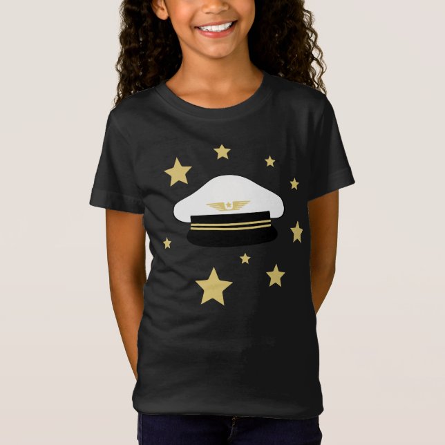 T-Shirt Casquette de pilote blanc, étoiles d'or, vol avion (Devant)