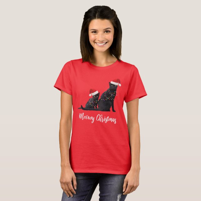 T-shirt Casquette drôle de Père Noël de chats noirs de (Devant entier)