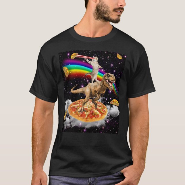 T-shirt Cat à oeil laser galaxie sur Dinosaure sur Pizza a (Devant)