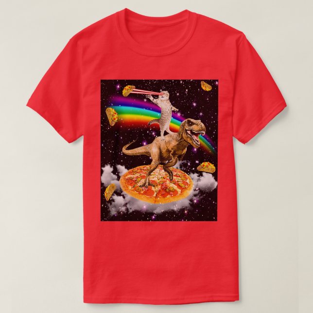 T-shirt Cat à oeil laser galaxie sur Dinosaure sur Pizza a (Design devant)
