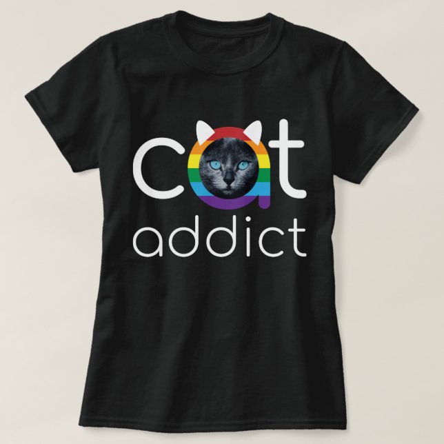 T-shirt Cat Addict blanc arc-en-ciel bleu yeux design (Design devant)