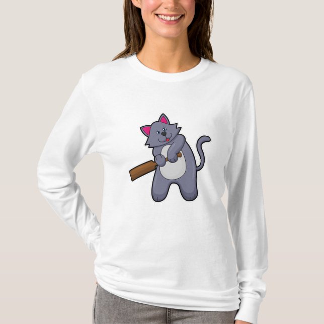 T-shirt Cat at Cricket with Cricket bat (Devant)