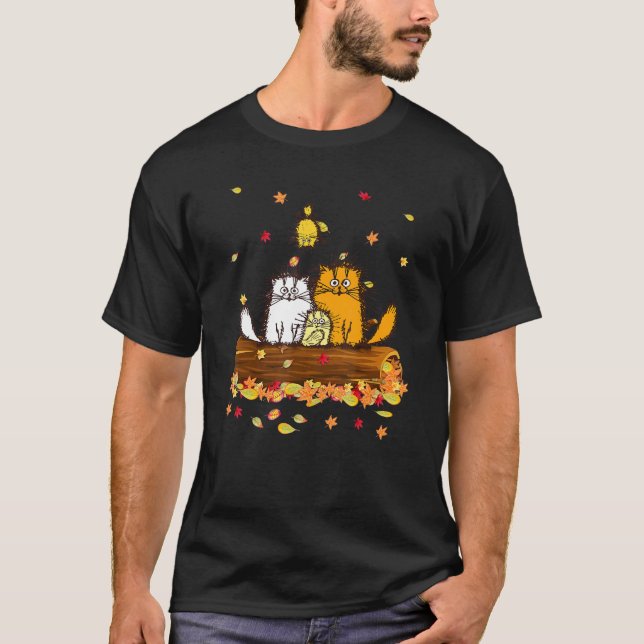 T-shirt Cat Autumn Fall Leaves Thanksgiving For Boys Girls (Devant)