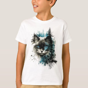 T-shirt Cat Blue Eyes Cat Motif Art Forêt Animal Cat