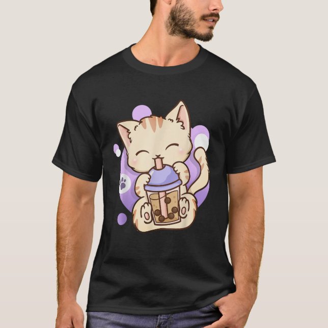 T-shirt Cat Boba Tea Bubble Tea Anime Kawaii Neko  (Devant)