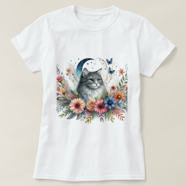 T-shirt Cat gris Bleu papillon Floral (Design devant)