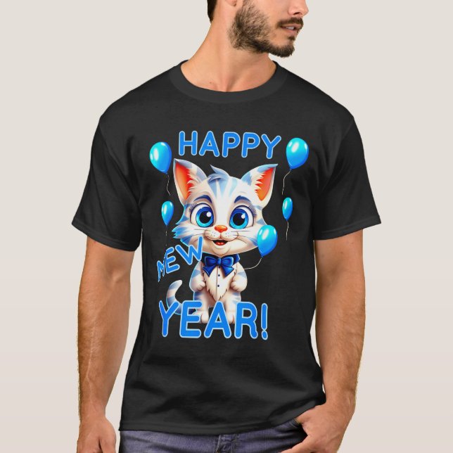 T-shirt Cat Happy New Year Mew Year Funny New Years Party  (Devant)