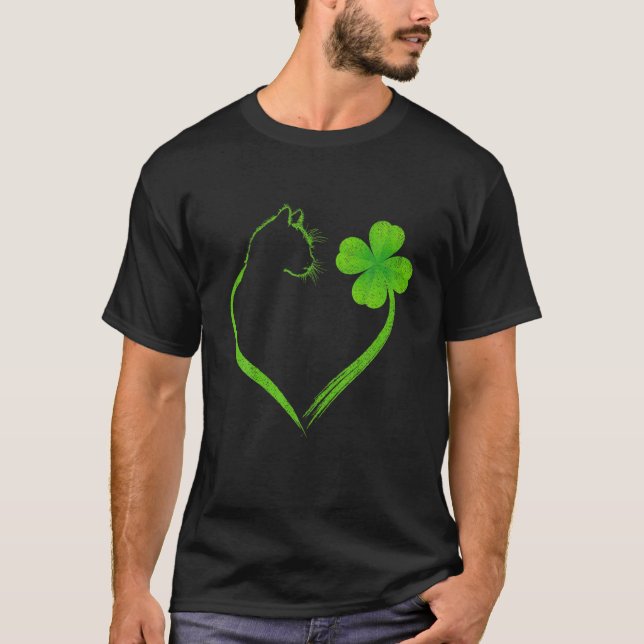 T-shirt Cat Heart Shamrock St Patrick's Day Irlandais Clov (Devant)