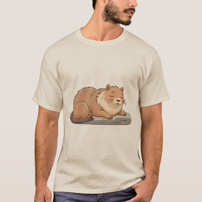 T-shirt Cat Napping on Capybara – Cute Sticker. (Devant)