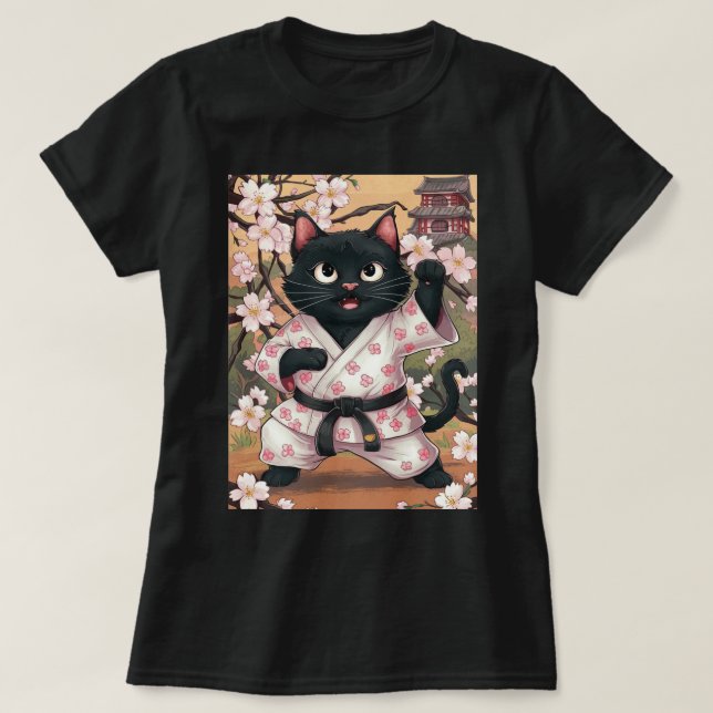 T-shirt Cat noir Karate Cute Kimono (Design devant)