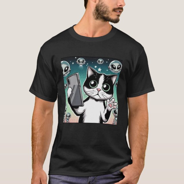 T-shirt Cat OVNI Selfie: Green Alien #6 (Devant)