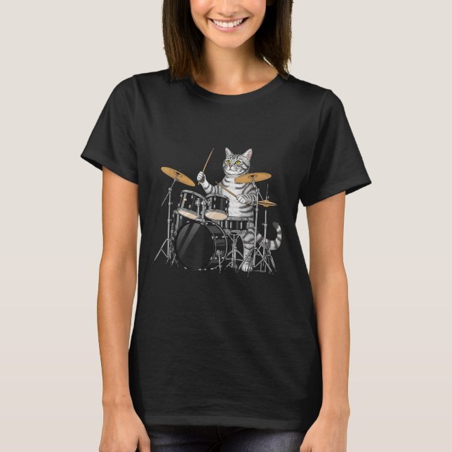 T-shirt Cat Playing Drums Drumset Drumkit Drumming Drum Dr (Devant)