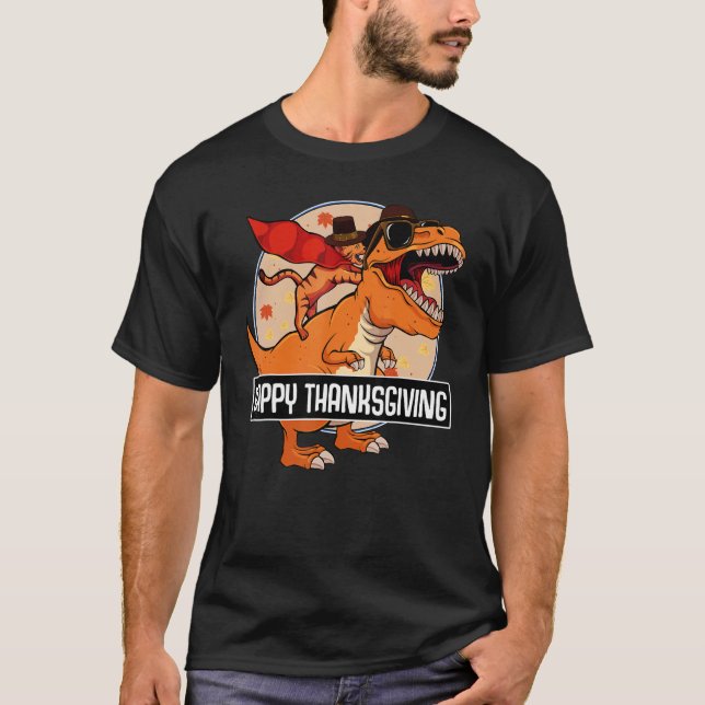 T-shirt Cat Riding Dinosaur Happy Thanksgiving Day Cute re (Devant)