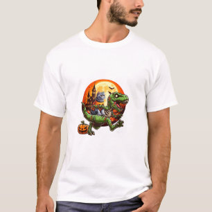 T-shirt Cat Riding Horreur T-rex Comme Zombie Halloween En