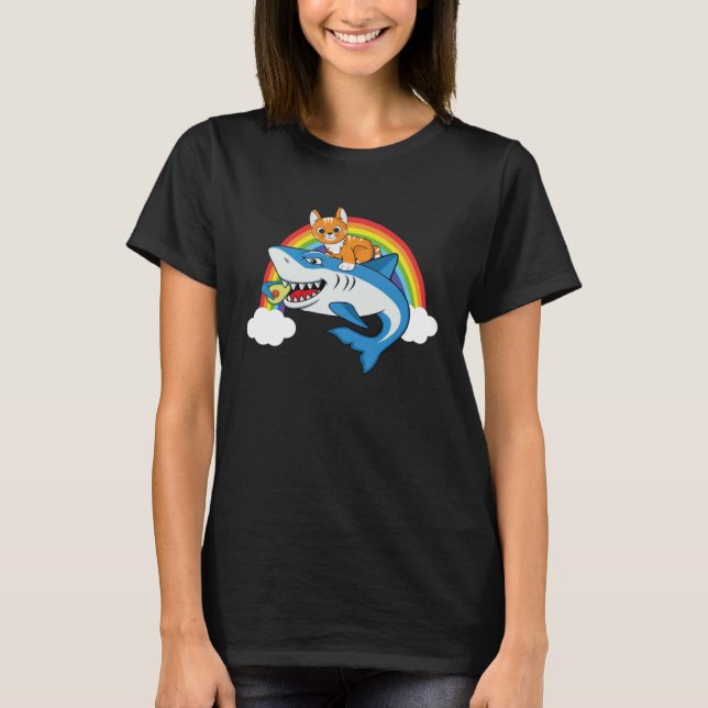 T-shirt Cat Riding Shark Eating Avocado With Rainbow For C (Devant)