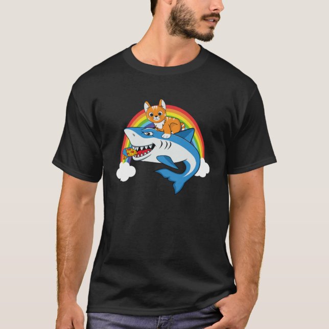 T-shirt Cat Riding Shark Eating Pizza With Rainbow For Piz (Devant)