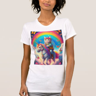 T-shirt Cat Riding Unicorn with Rainbows and Butterflies