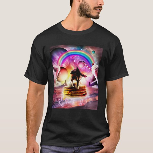 T-shirt Cat Riding Wolf With Pancakes And Milkshake (Devant)