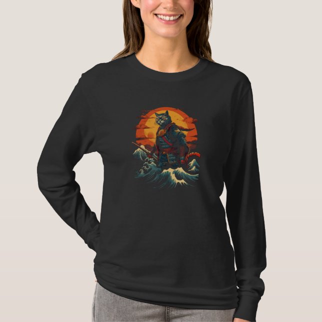 T-shirt Cat Samurai The Great Wave  Charming Japanese Styl (Devant)