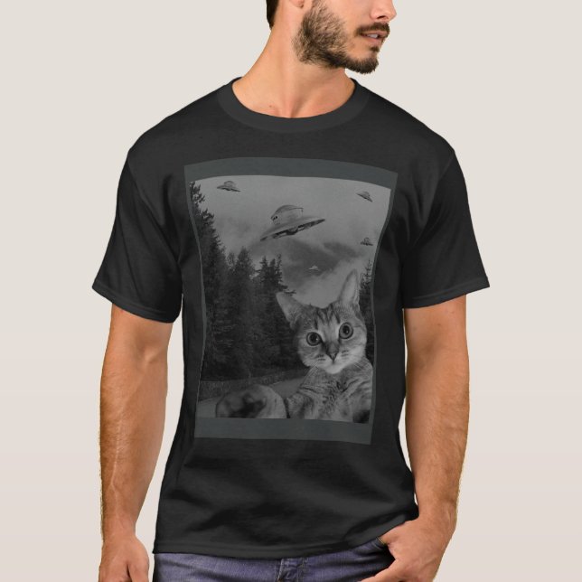 T-shirt Cat Selfie UFO Sighting  Alien Conspiracy Sci Fi L (Devant)