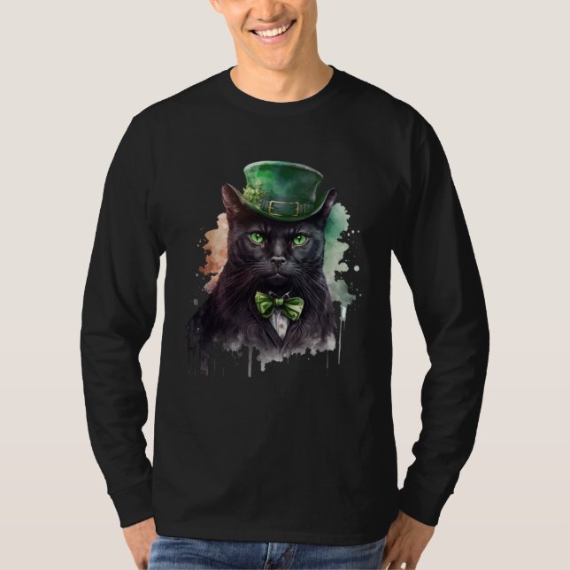 T-shirt Cat  Shamrock St Patrick s Day Leprechaun Hat Blac (Devant)