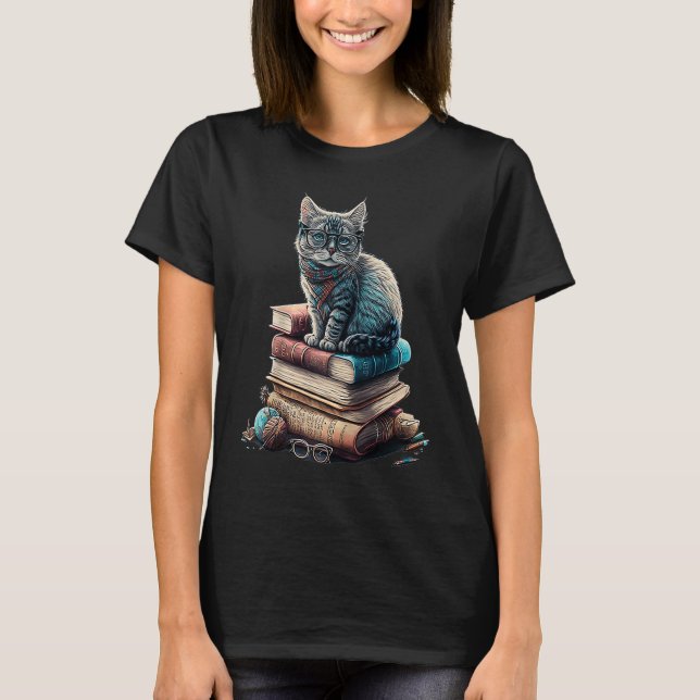T-shirt Cat Sitting On Books Cute Librarian Book Nerd Book (Devant)