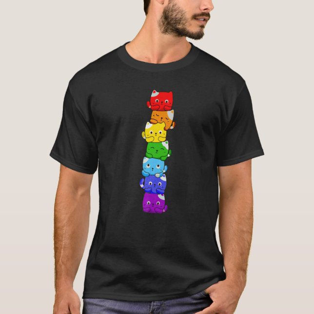 T-shirt Cat Stack Rainbow Gay Pride Cute LGBT Animal Pet (Devant)