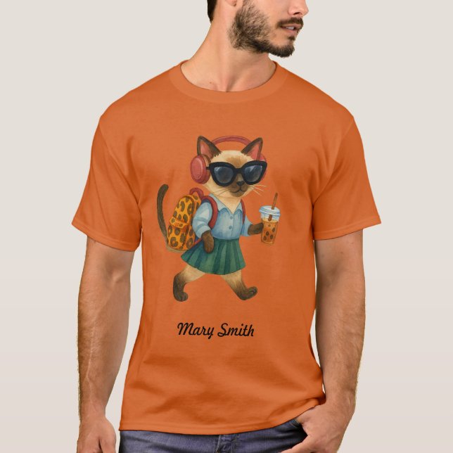 T-shirt Cat Student Back to School  Head phone bubble tea (Devant)
