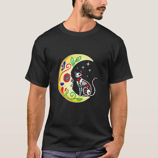 T-shirt Cat Sugar Skull Mexico Calavera Moon Halloween (Devant)
