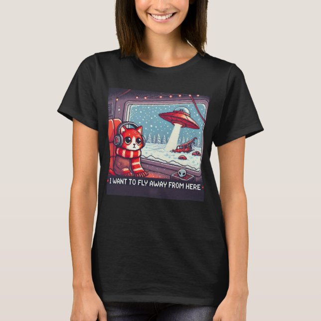 T-shirt Cat UFO Selfie : Red Planet (je veux m'envoler) (Devant)