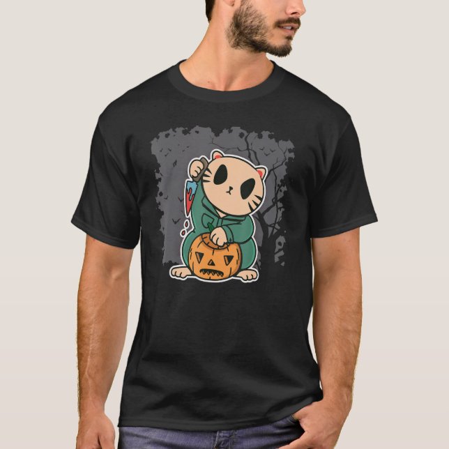 T-shirt Cat What Tee  Antidepressant Cat W Knife Halloween (Devant)