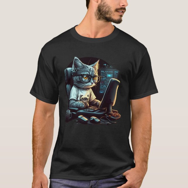 T-shirt Cat Work On Computers wearing glasses Computer Ner (Devant)