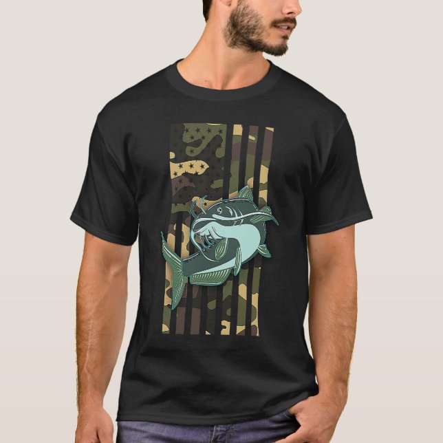 T-shirt Catfish Fishing Camo American Flag Camouflage Fish (Devant)