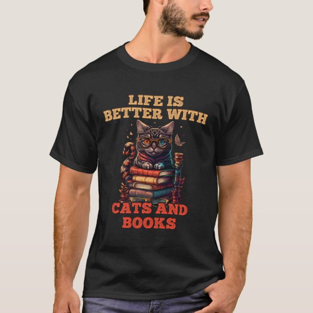 T-shirt Cats and Books Bookworm Cat  Reading fans Catfans (Devant)
