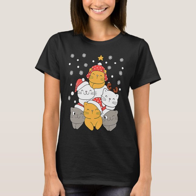 T-shirt Cats Christmas Tree Xmas Cats Lovers Kids Mens Wom (Devant)